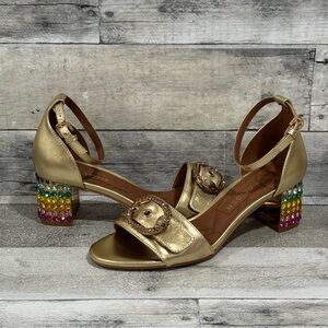 Kurt Geiger London Mayfair Eagle Block Heel Sandal - Gold multi - Sz - 7 .US